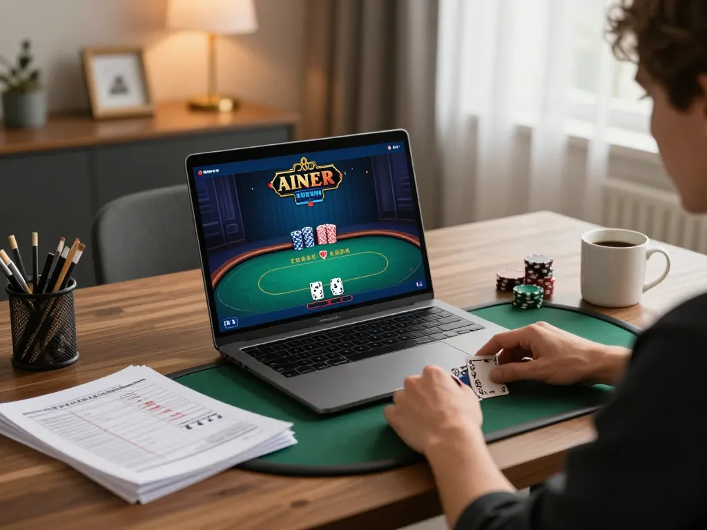 Engaging in an online poker game at 888top while analyzing strategies.