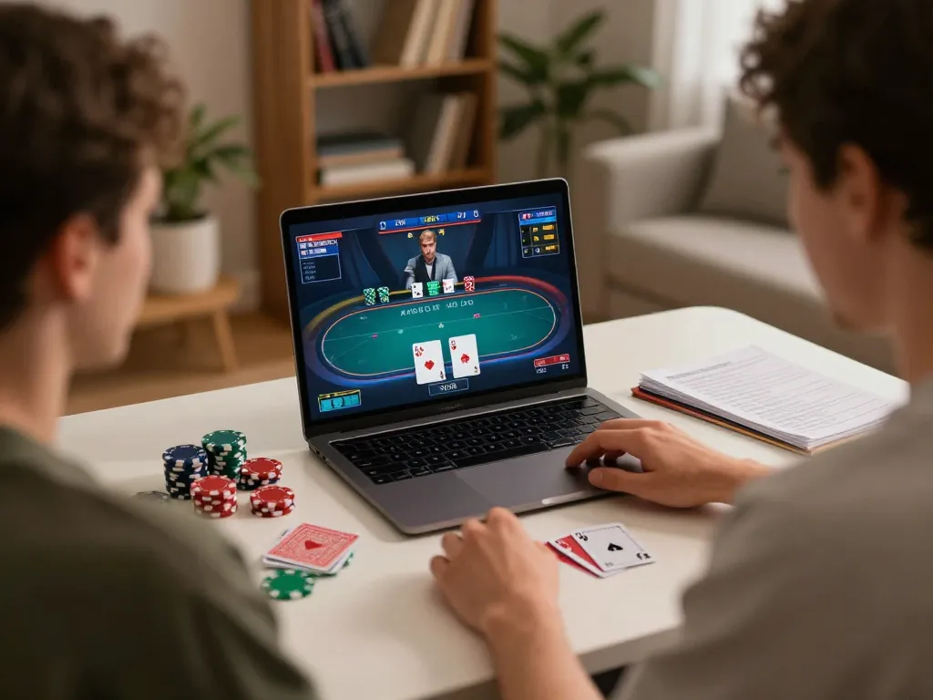 Player strategizing with gtatogel while participating in an intense online poker game, surrounded by gaming materials.
