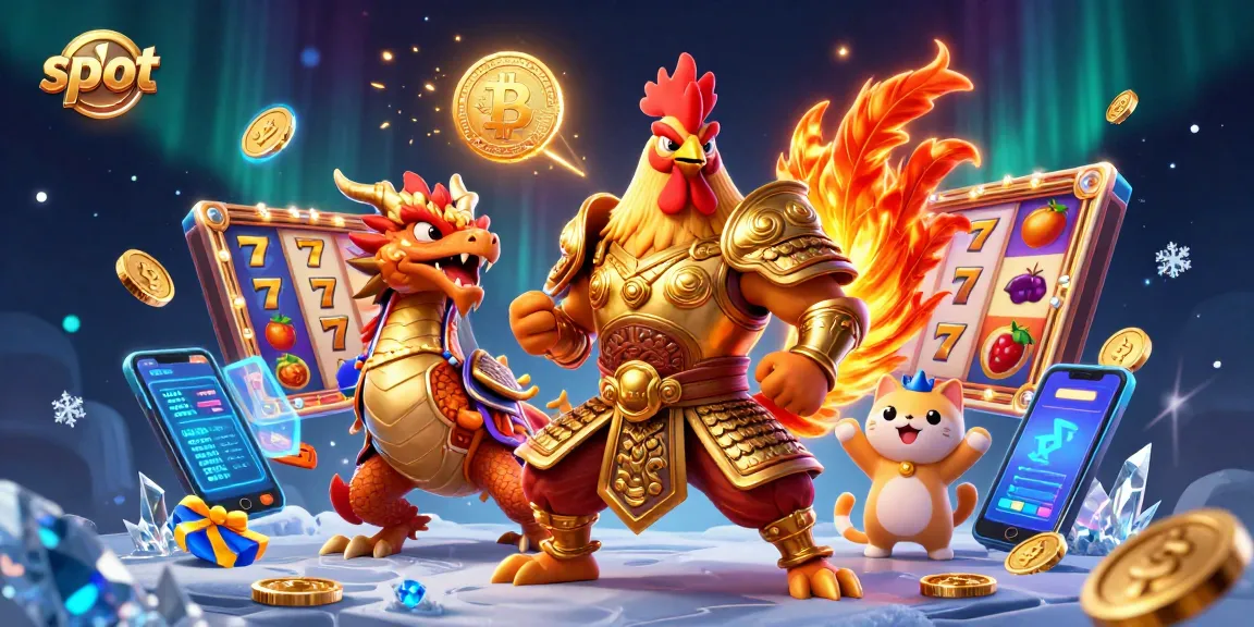 Spin the slot with a cartoon rooster warrior and dragon amidst glowing coins and vibrant symbols.