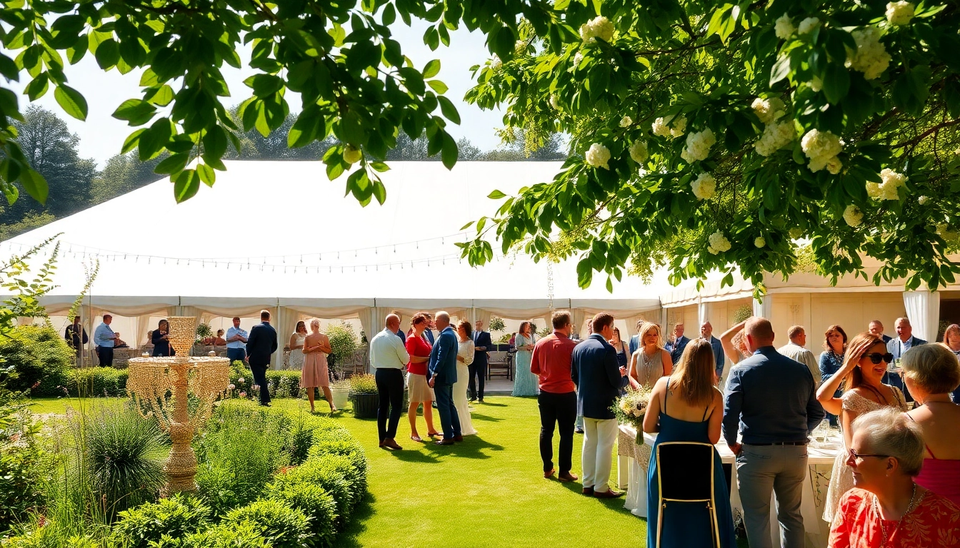Guests celebrate in a stunning Stowe Venue Hire garden, showcasing vibrant decor and natural beauty.