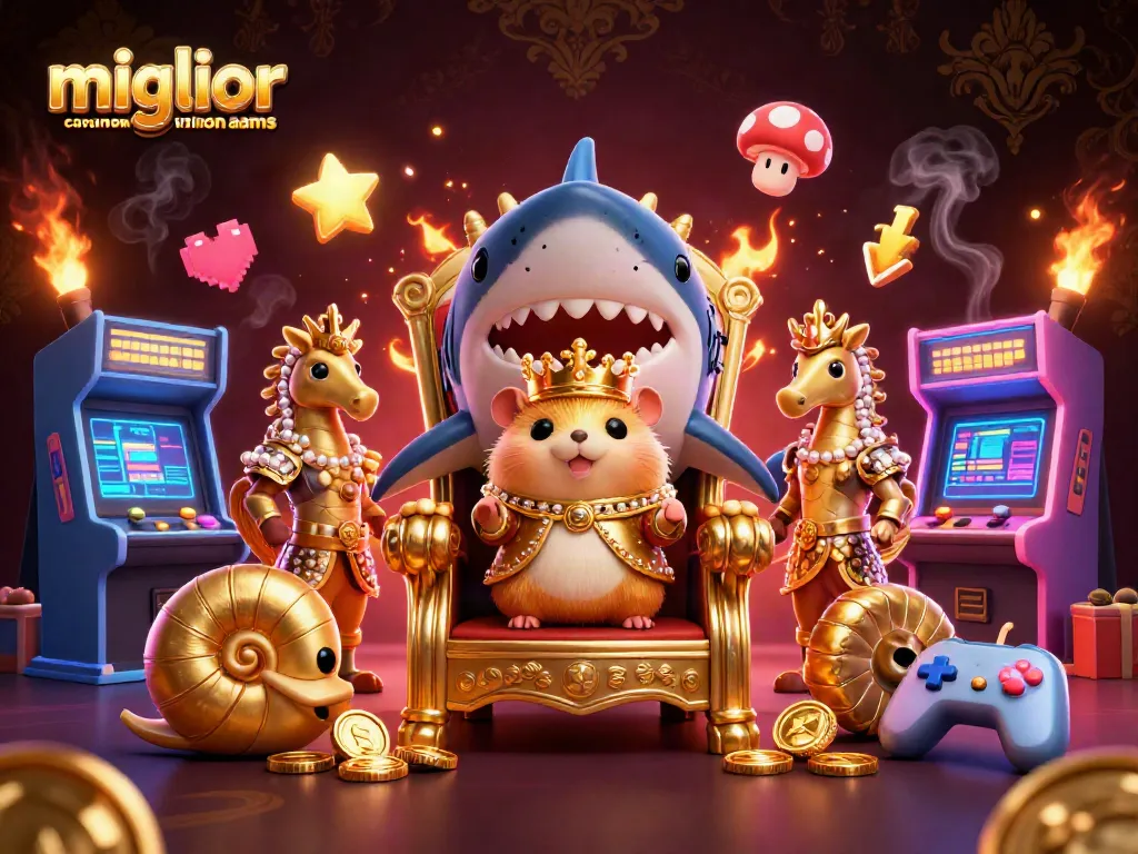 Gioca ai migliori casino online non AAMS con il piccolo re degli hamster su un trono di denti di megalodonte, circondato da elementi di gioco.