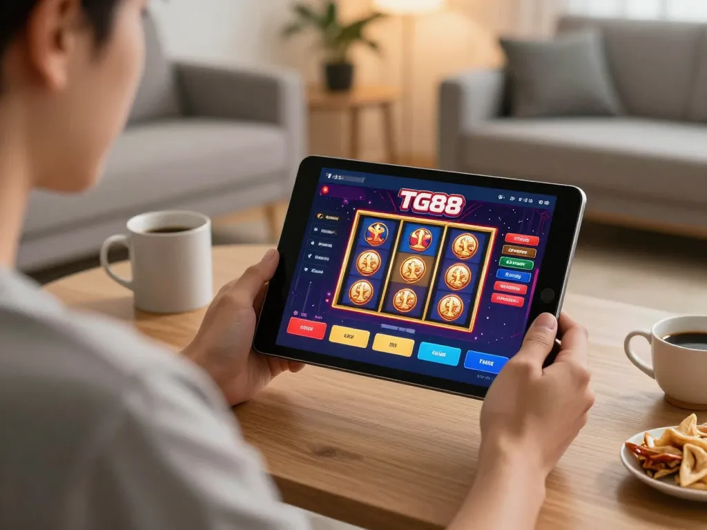 Player enjoying TG88 online slots on tablet in a cozy home office setup