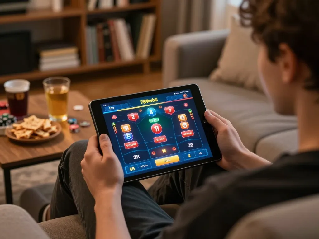 Player enjoying online casino games on 789winii tablet in a cozy home setting.