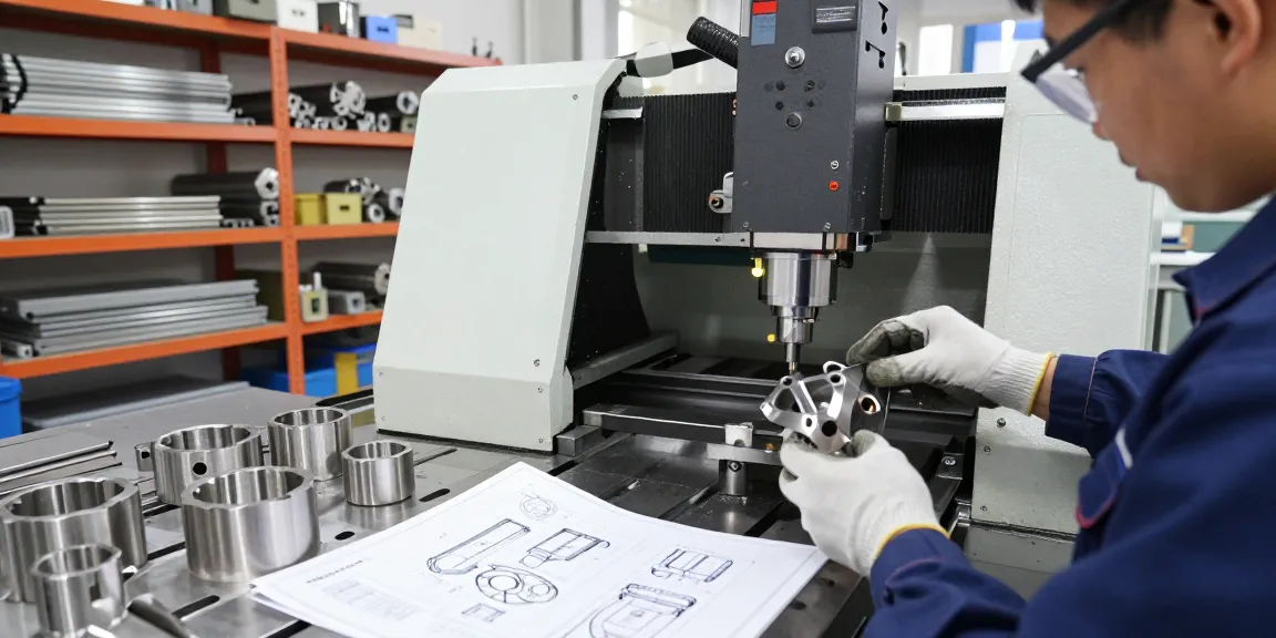 Technician crafting machined stainless steel parts in a modern CNC machining workshop.