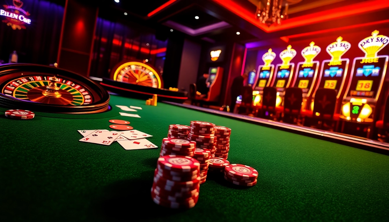 Engaged players at a luxury J88-themed poker table in a vibrant casino setting.