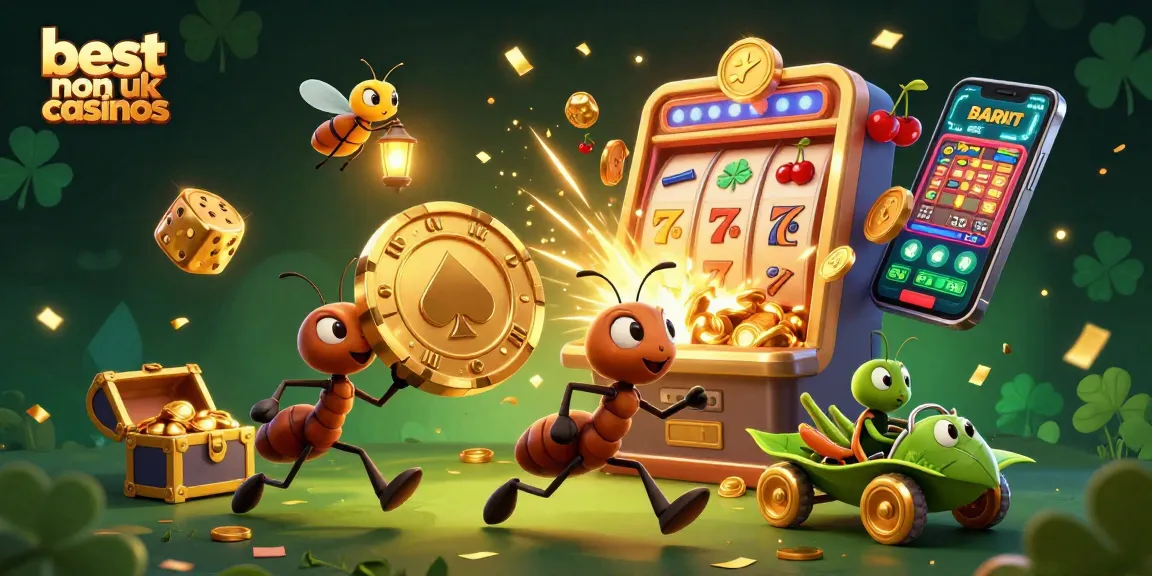 Experience the excitement of best non UK casinos with lively cartoon ants in a dynamic heist scene amidst casino elements.