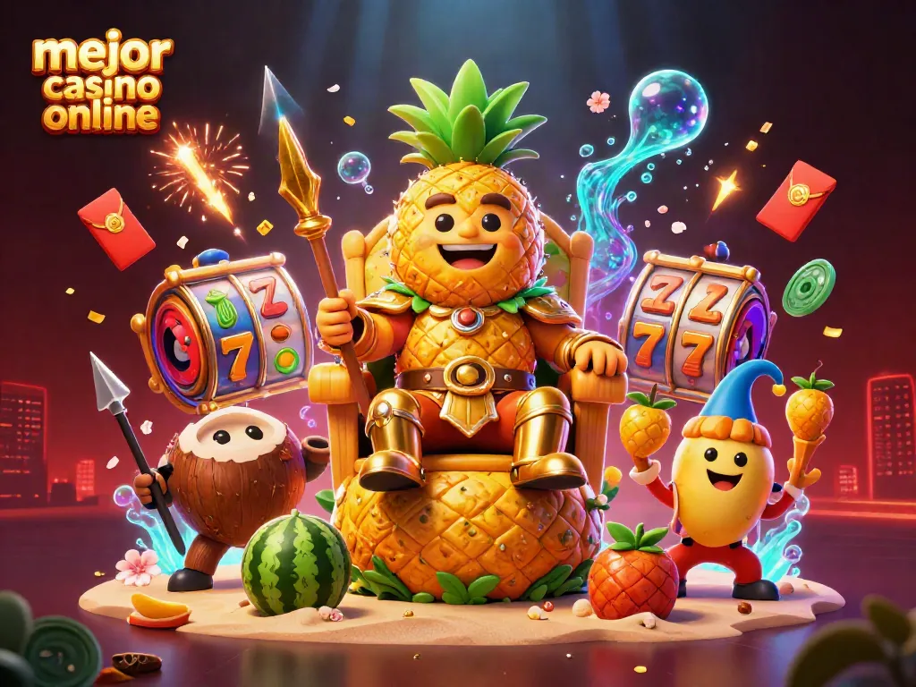 Juega en el mejor casino online ofreciendo diversión con el rey piña y elementos festivos.