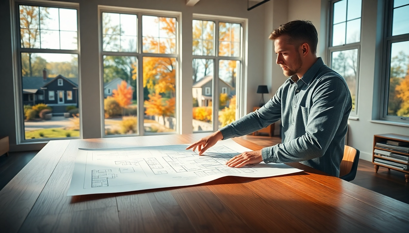 New England residential architect analyzing architectural plans in an inspiring studio environment.