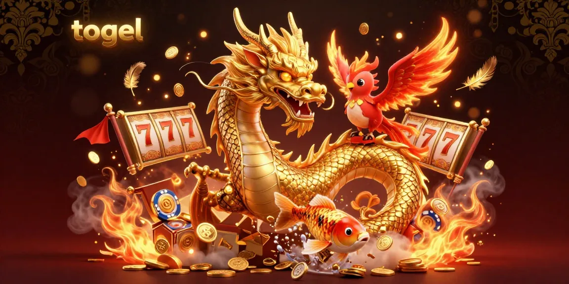Engage with exciting togel action in a vibrant scene featuring a majestic dragon, phoenix, and koi amidst dynamic slot game elements.