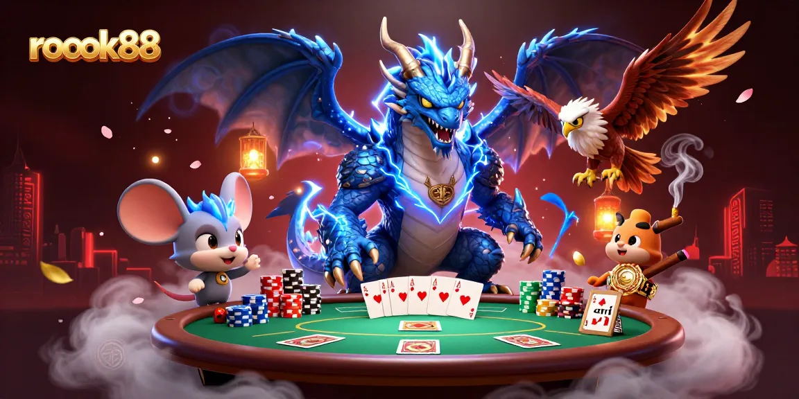 rokok88 showcases a thrilling casino scene with dynamic characters, poker elements, and vibrant atmosphere.