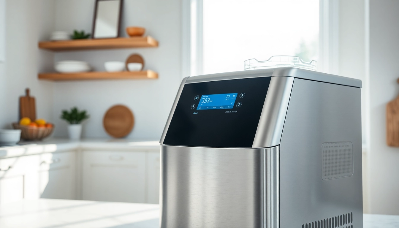 Countertop ice maker producing fresh ice in a modern kitchen setting.