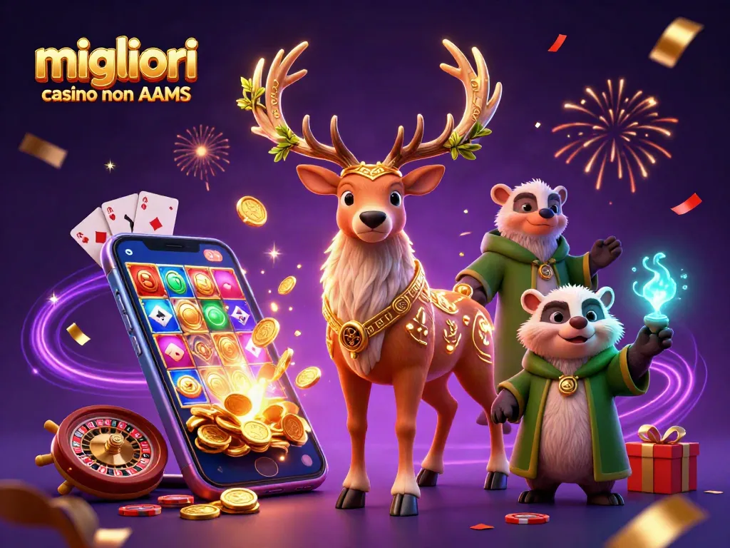 Scopri i migliori casino non AAMS nel 2026 con simboli di gioco e festeggiamenti magici.