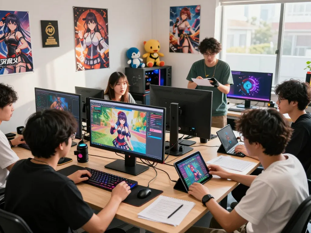 Team collaborating on a new hentai game in a vibrant studio with modern gaming setups.