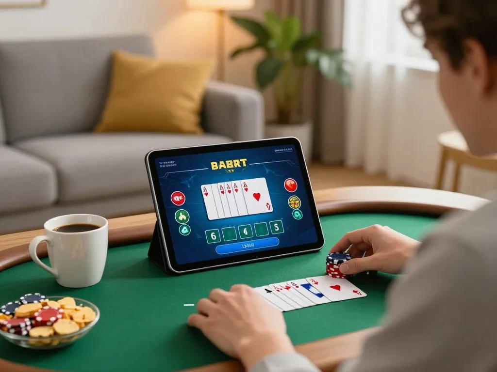 G28 player engaged in online poker, enjoying a modern gaming setup with tablet and snacks.