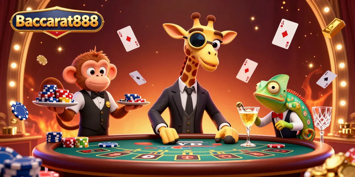 Baccarat888 brings excitement to life with a high-roller giraffe, monkey valet, and chameleon bartender at a luxurious baccarat table.
