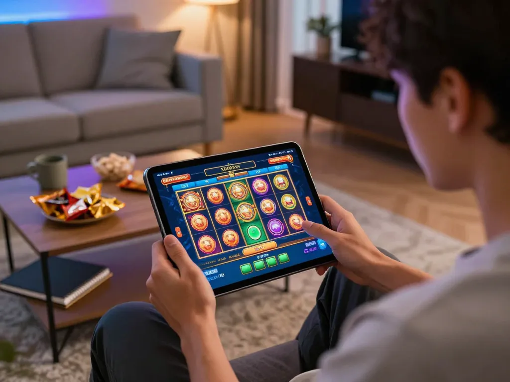 Menariknya pemandangan permainan daring yang memperlihatkan seorang pemain fokus pada permainan slot link gacor di tablet.