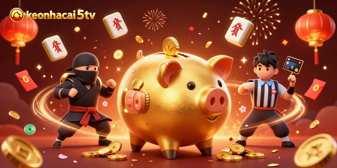Engage with keonhacai5tv as the golden piggy bank wrestler triumphs in a dynamic betting scene.