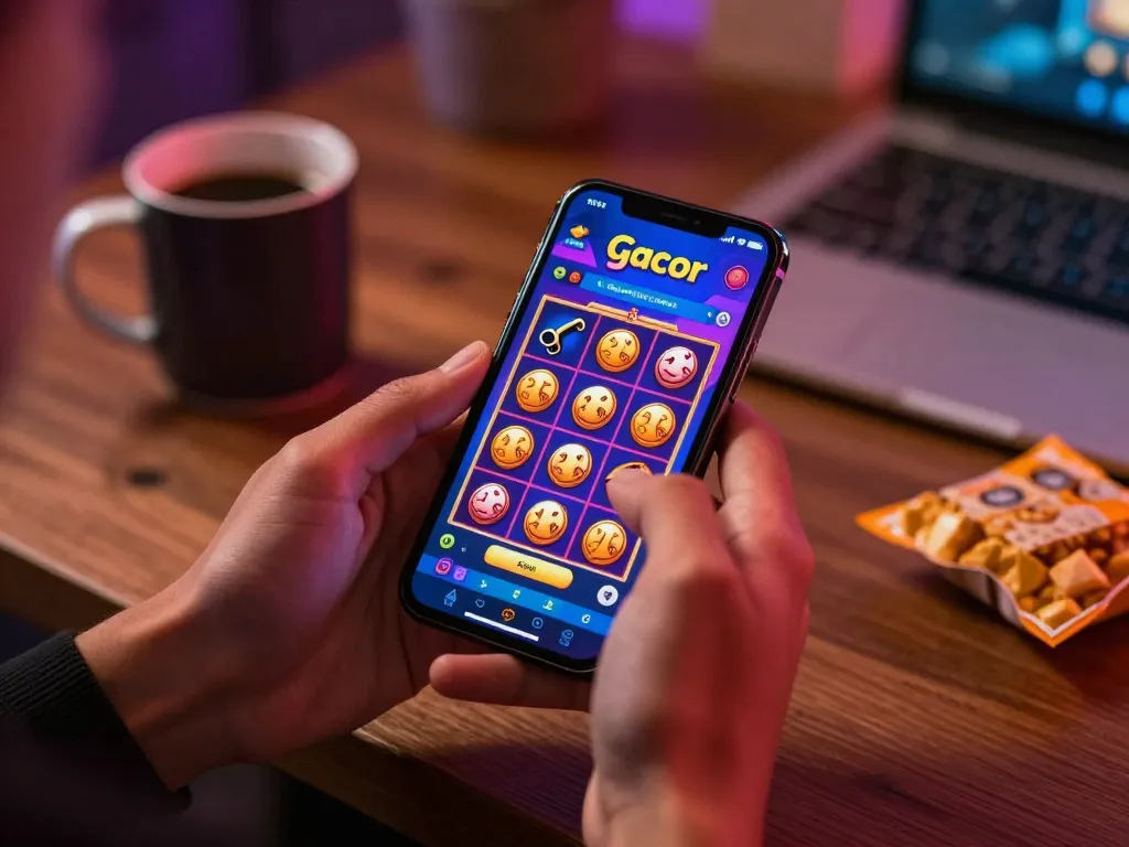 Pemain berinteraksi dengan antarmuka permainan slot gacor yang menang di smartphone mereka sambil menikmati suasana rumah yang nyaman