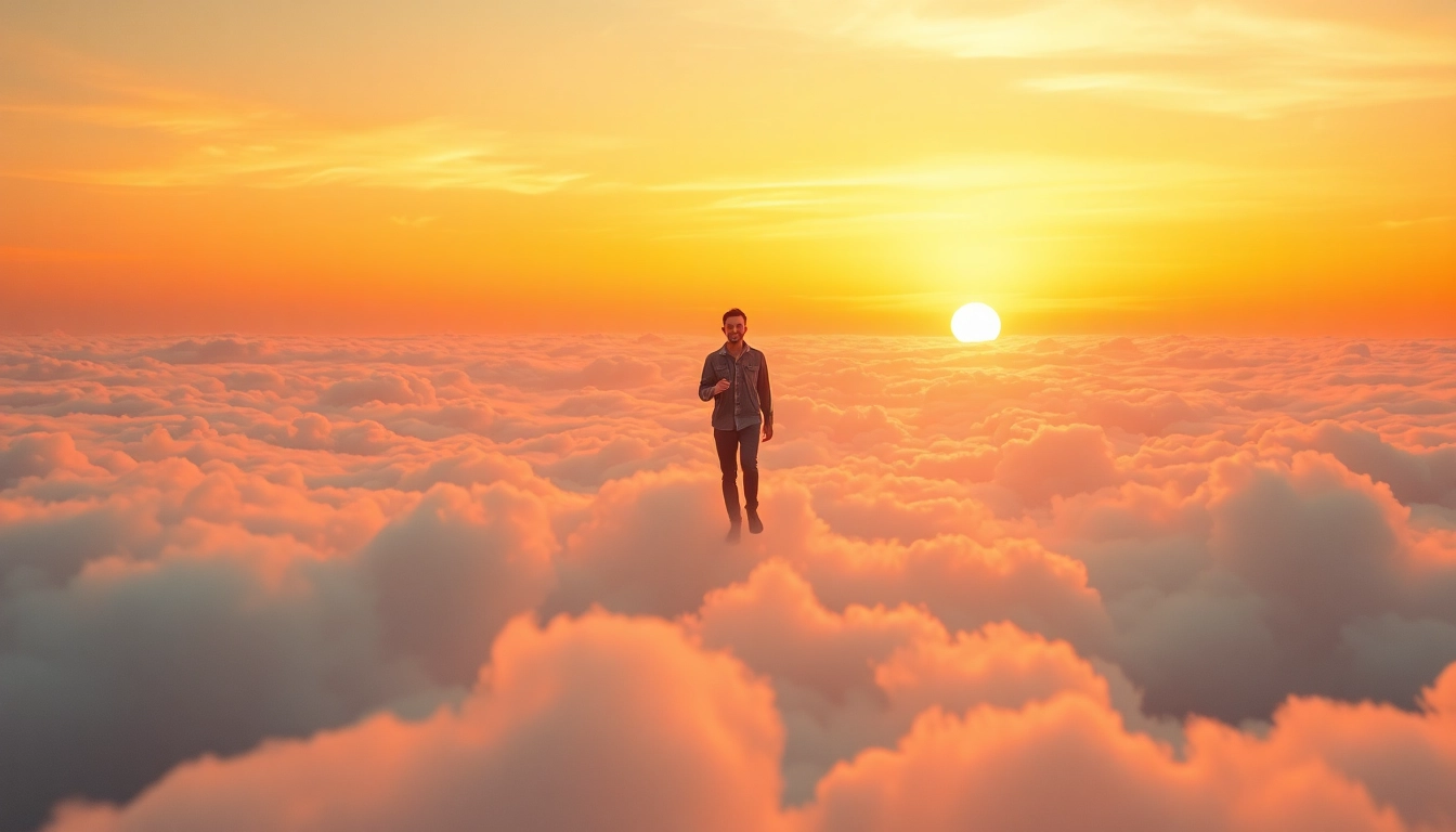 A person walking on clouds under a beautiful sunset, embodying the essence of Walking on Clouds.