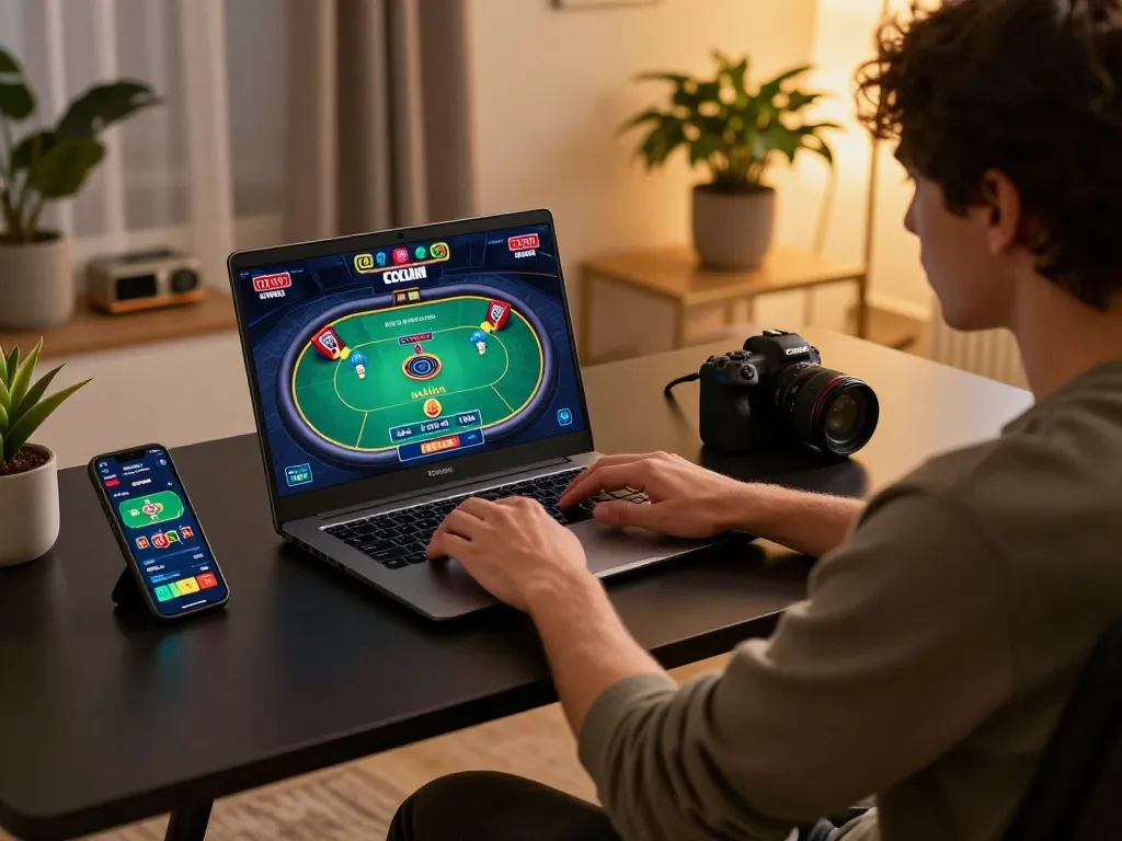 EV99 online poker gameplay on a stylish laptop, showing dynamic betting and strategic planning.