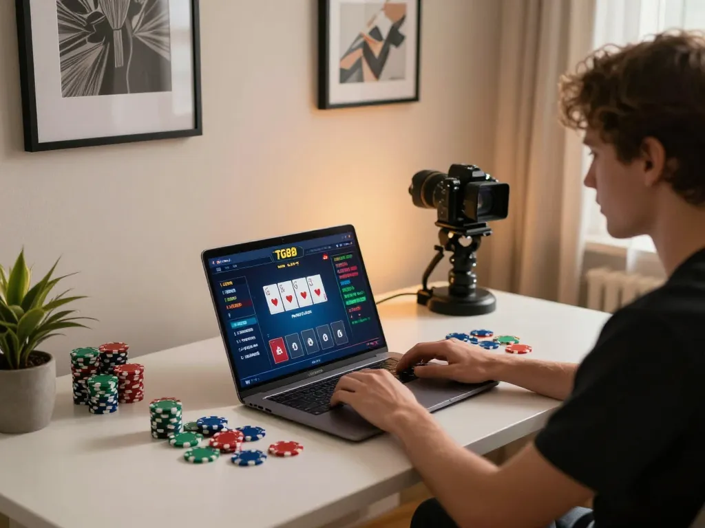 Engaging in online poker gameplay with TG8 at home, highlighting responsible gaming practices and interactive interface