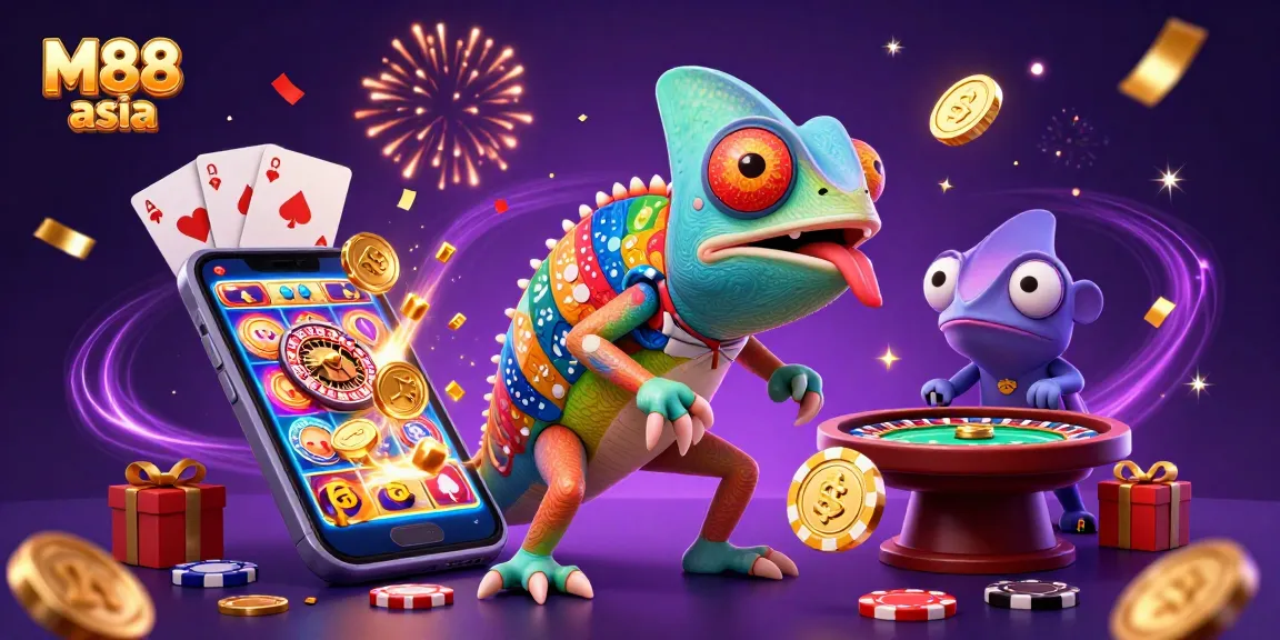 M88 asia showcases vibrant casino excitement with a chameleon owner collecting golden coins amidst games.