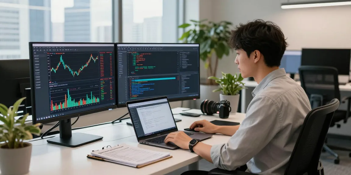 TSE stock exchange data feed analytics on multiple screens in a modern office