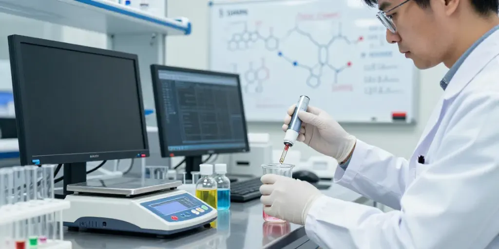 Researcher working with Swiss Chems peptides in a modern laboratory setting, focusing on precision and purity.