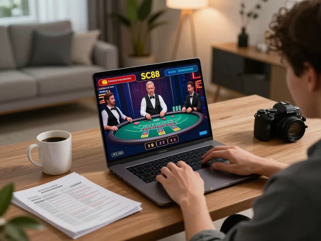 Engaging in SC88 online casino gaming through live dealer table on laptop in cozy home setting.