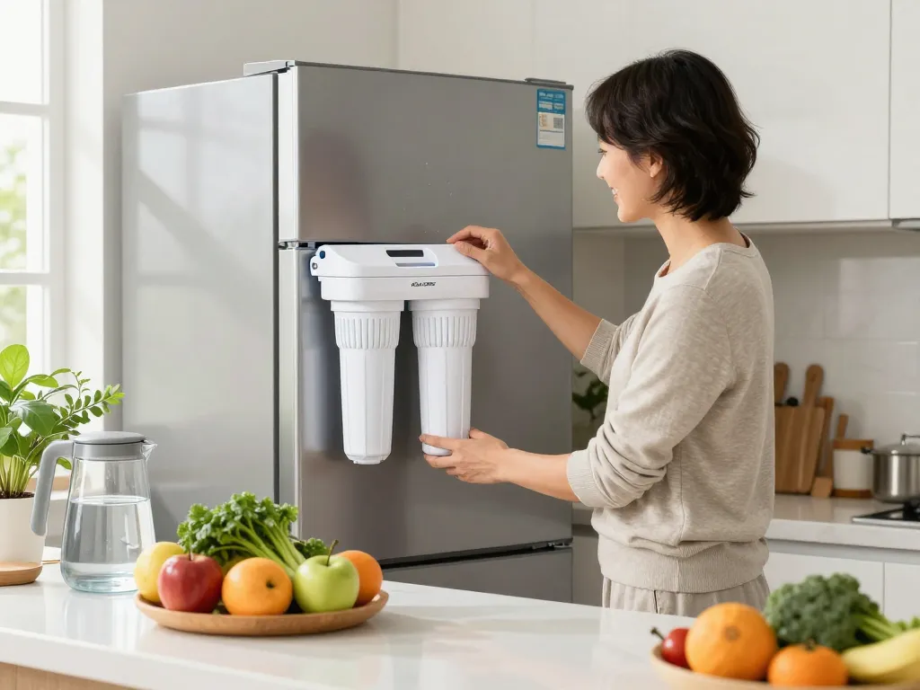 Person installing AQUA CREST 5231JA2002A Refrigerator Water Filter in a bright kitchen with fresh produce.