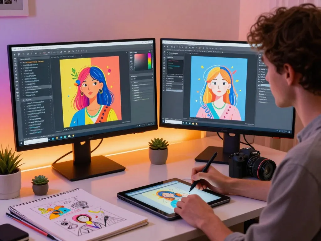 Artist using an image to prompt generator in a vibrant workspace.