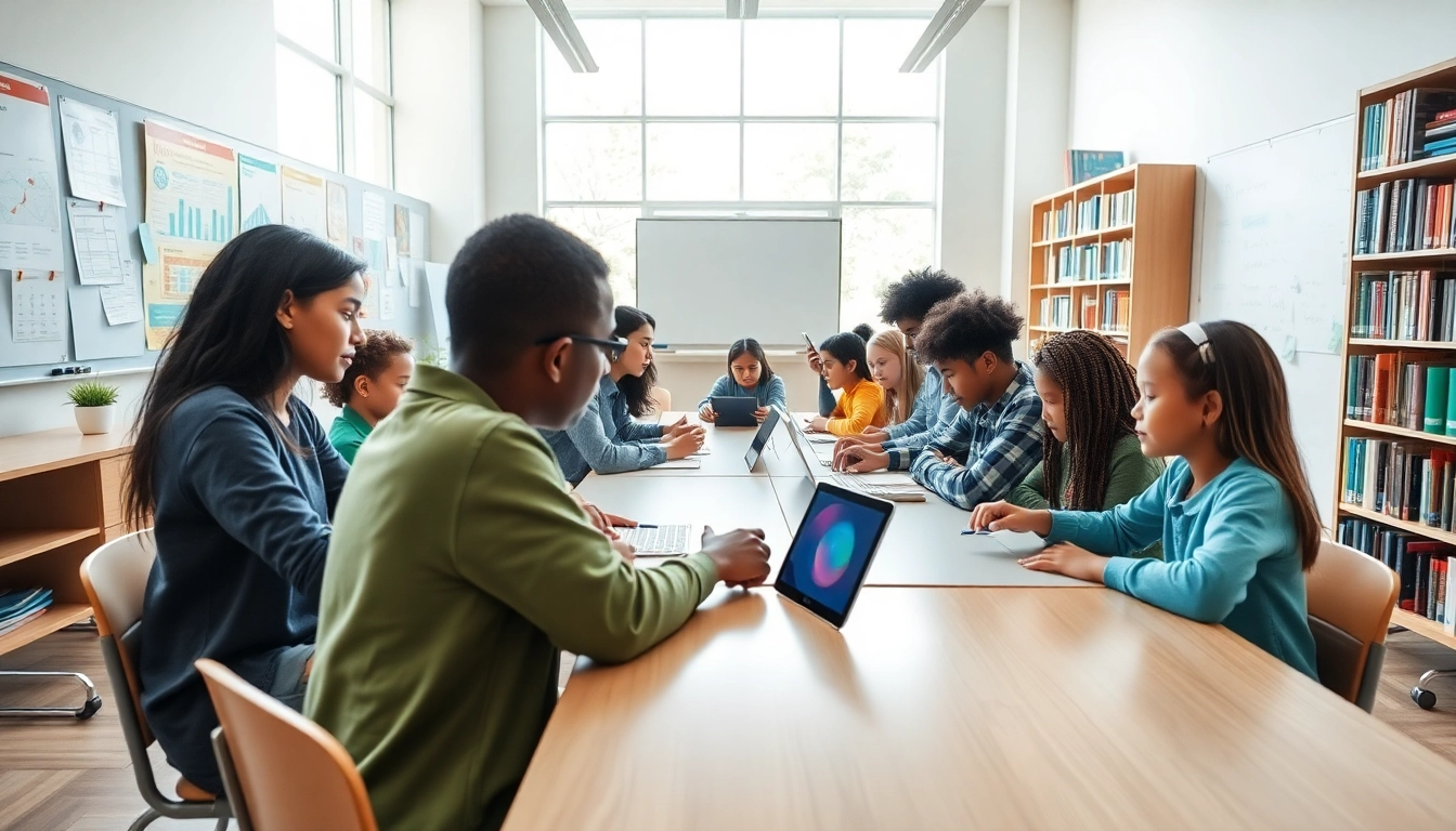 Education is brought to life in a modern classroom with diverse students collaborating on digital devices.