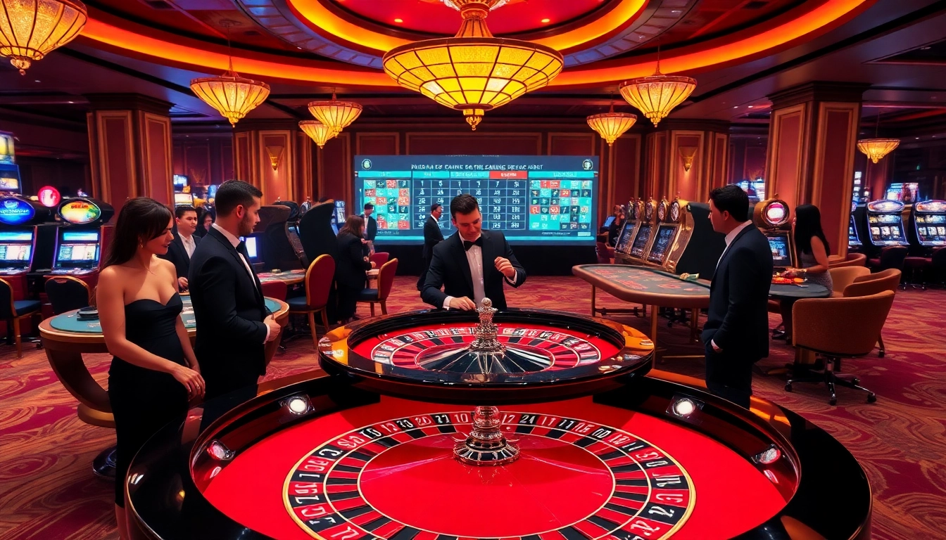 Vivez l'adrénaline du site de casino en ligne avec une ambiance de casino luxueuse mettant en avant la roulette et les machines à sous.