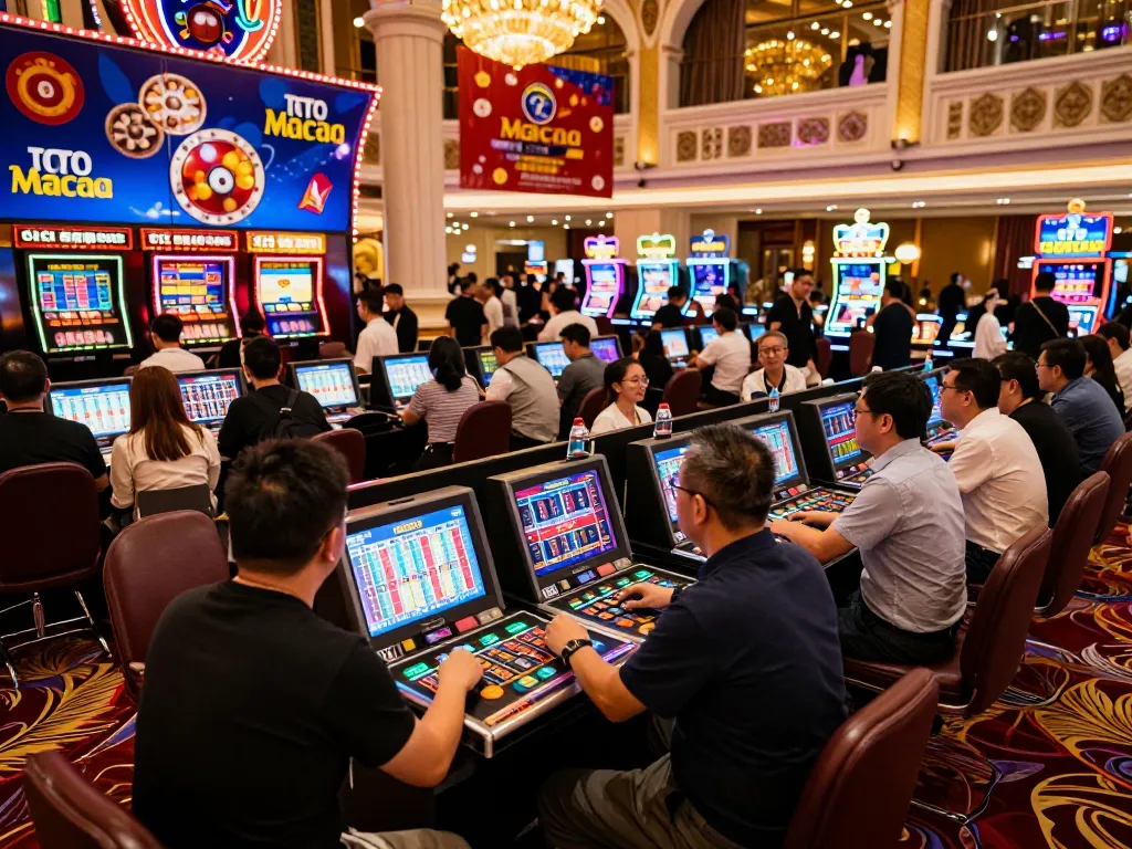 Acara undian langsung Toto Macau yang menangkap kegembiraan pemain dalam suasana kasino yang hidup.