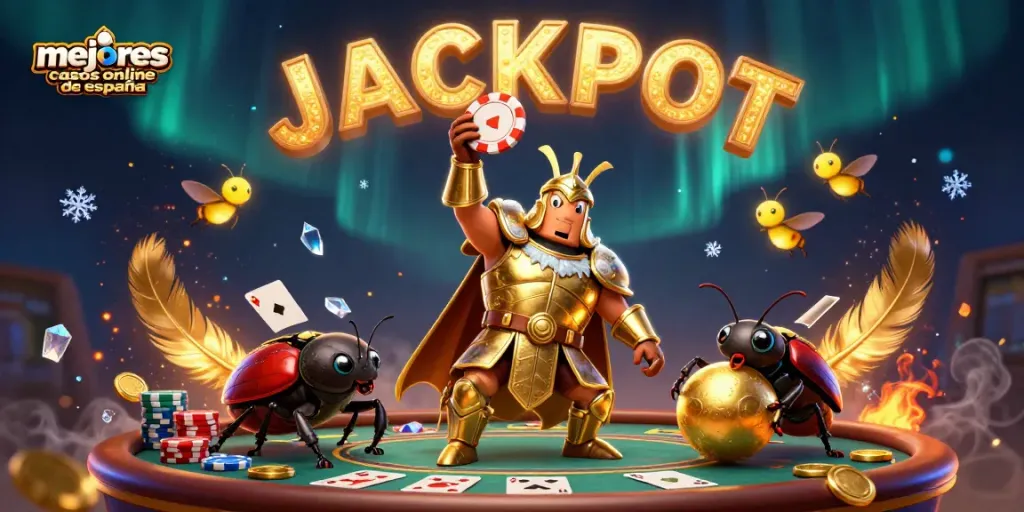 Descubre los mejores casinos online de España mientras un escarabajo hercúleo celebra con un chip de póker.