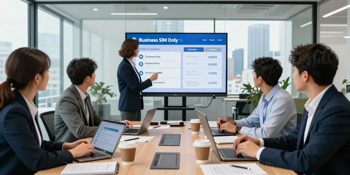 Team comparing business SIM only deals UK in a modern office environment with digital devices.