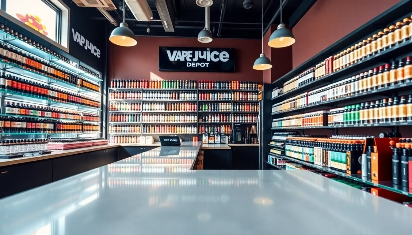 Showcasing Vape Juice Depot's extensive range of premium vape products in a vibrant shop setting.