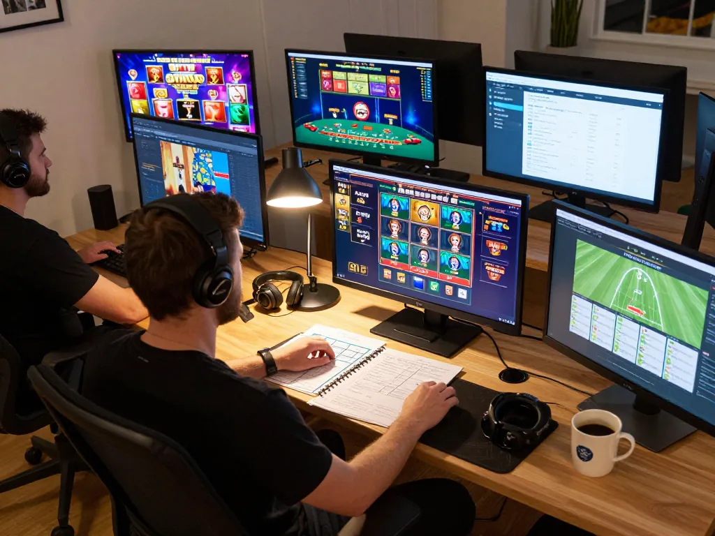 Engaging scene of online casino gameplay on multiple screens, featuring 79KING slots interface and live dealer tables.