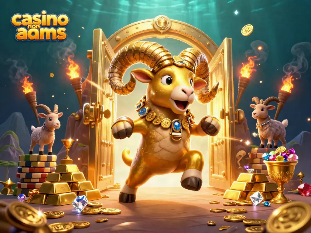 I migliori casino non aams mostrano un ariete dorato carico tra pile di oro e gemme preziose.