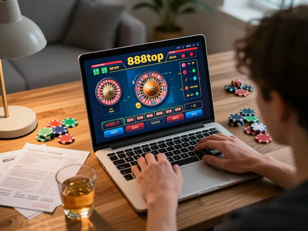 Play engaging games on 888top, showcasing a laptop with roulette action and gaming notes.