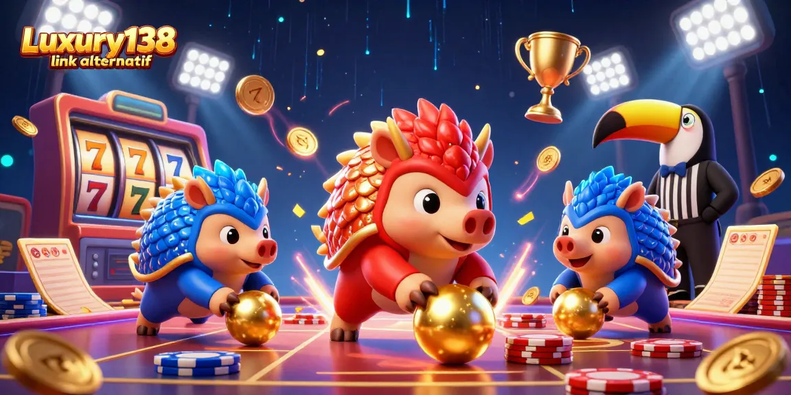 Engaging scene illustrating Luxury138 link alternatif gameplay with rival pangolins and casino elements.