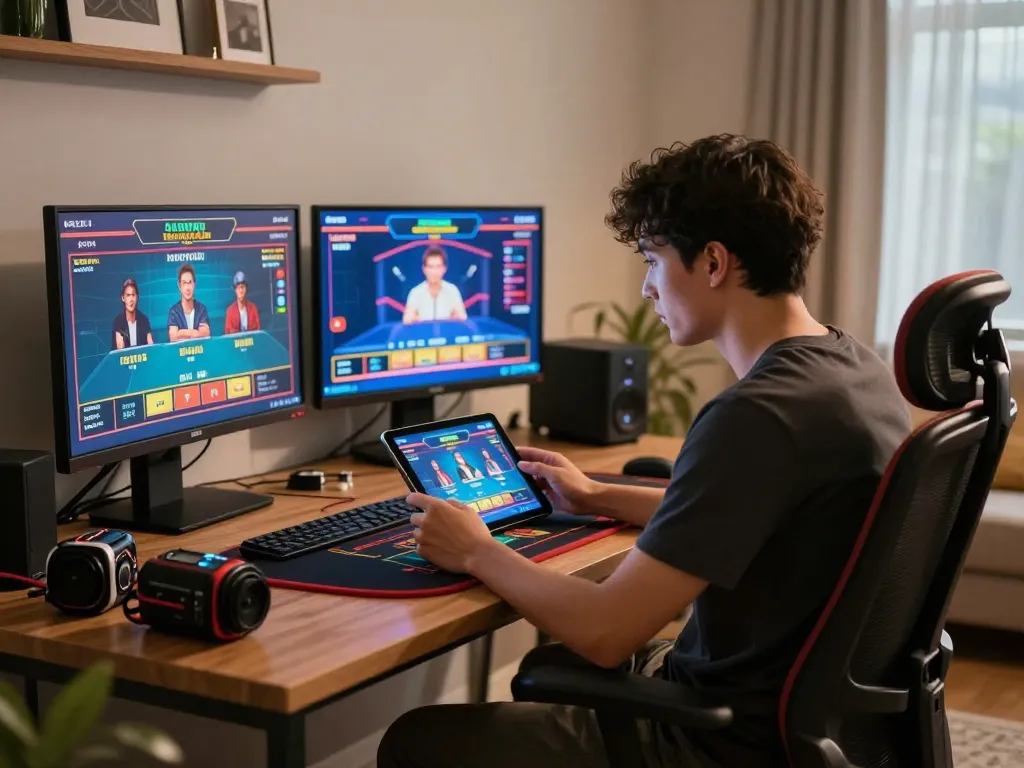 Engaged player experiencing NHÀ CÁI CM88 with multiple screens for online gambling activities.