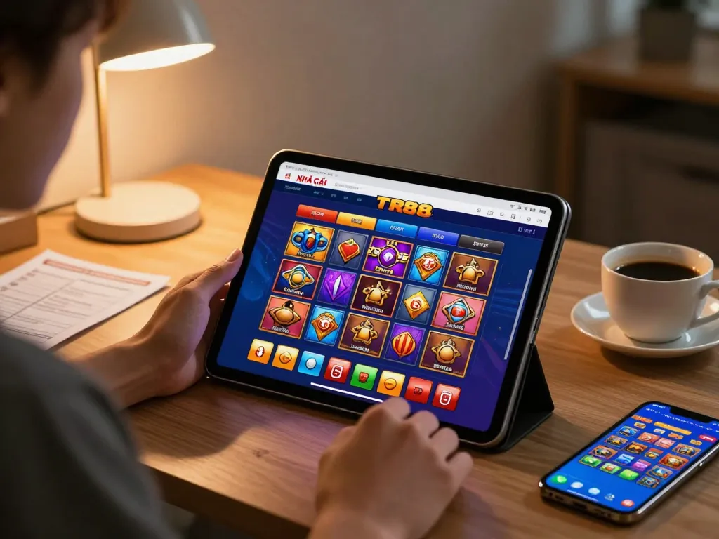 Engaged user enjoying gaming experience at NHÀ CÁI TR88 on tablet in a cozy workspace