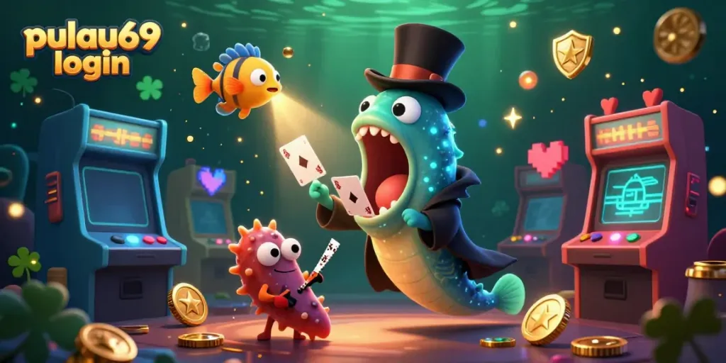 Experience the pulau69 login with a magical underwater casino scene featuring vibrant characters and gaming elements.