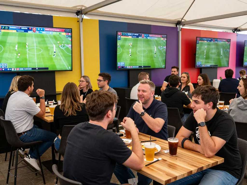 Fans celebrating as they place bets at 7m sports betting event surrounded by live match screens