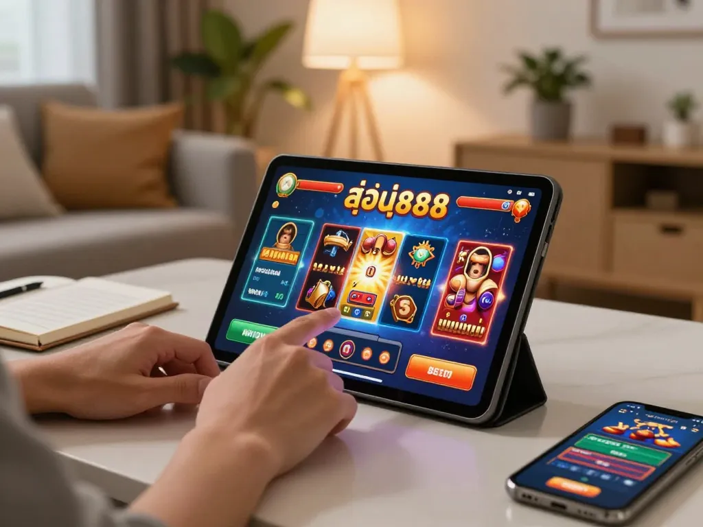 Player enjoying สล็อต888 on tablet in a cozy home setup with strategic notes and casino app.