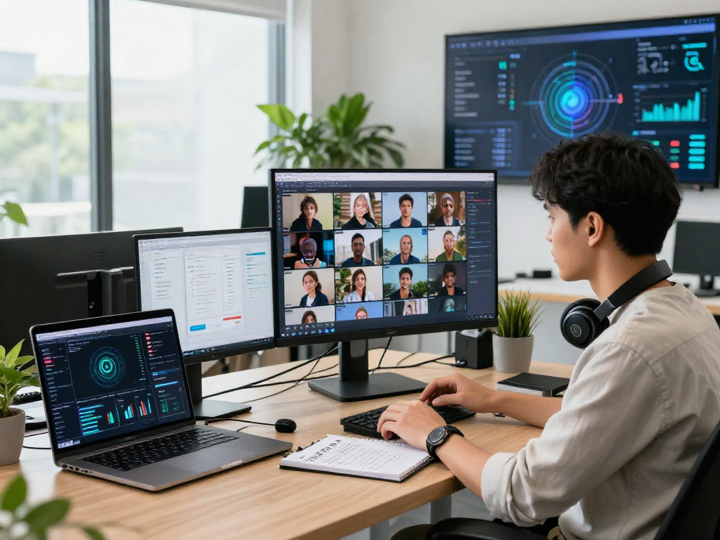 Data analyst detecting AI images with advanced moderation tools in a modern office.