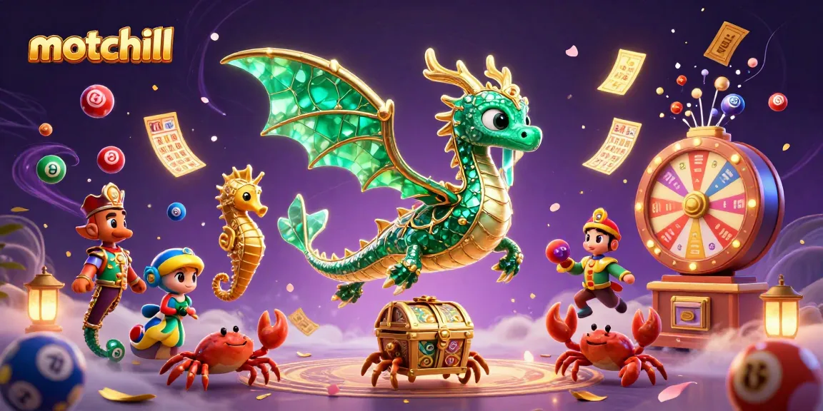 Catch the excitement of motchill with vibrant lottery elements and a treasure-filled sea dragon scene.