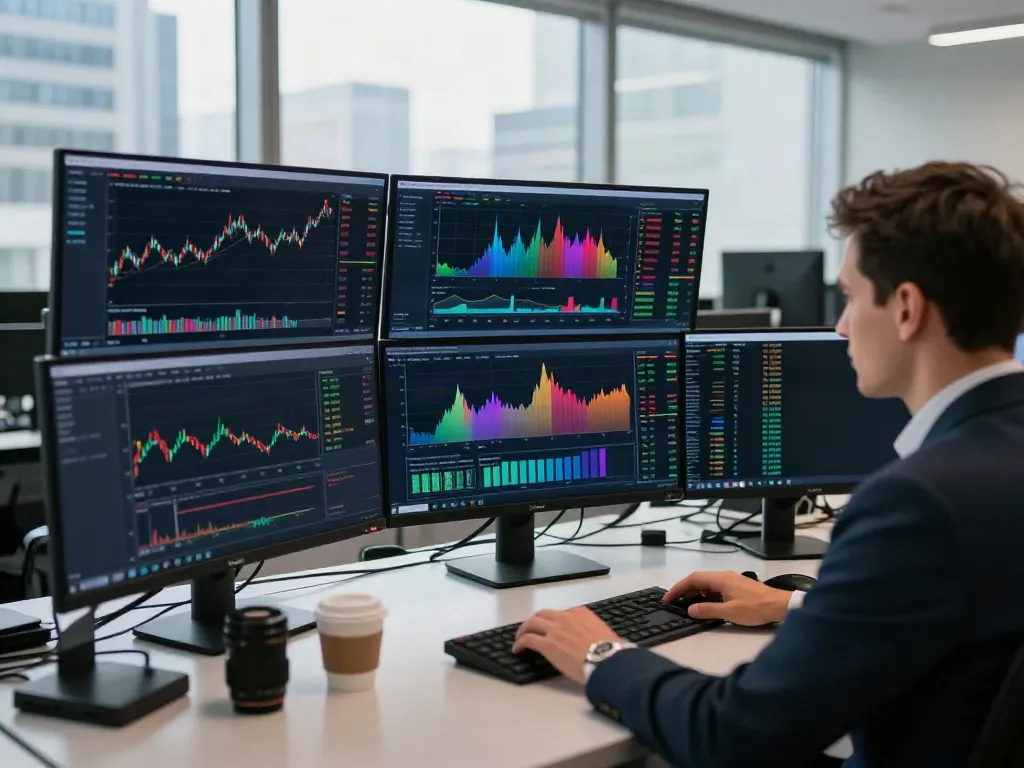 Trader using MetaTrader 5 software for forex analysis in a modern office.