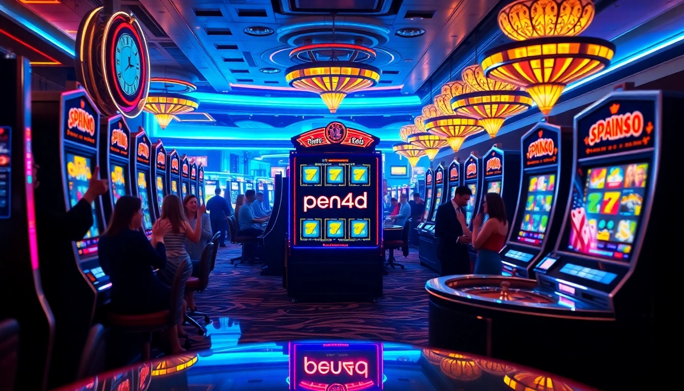Excited players engage with the pen4d slot machine in a luxurious casino setting.